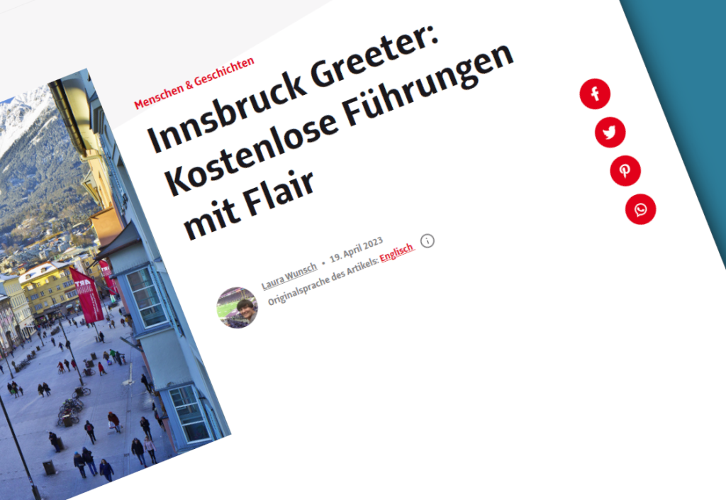 Bildschirmfoto des Blog-Eintrags, Überschrift: Innsbruck Greeter: Kostenlose Führungen mit Flair